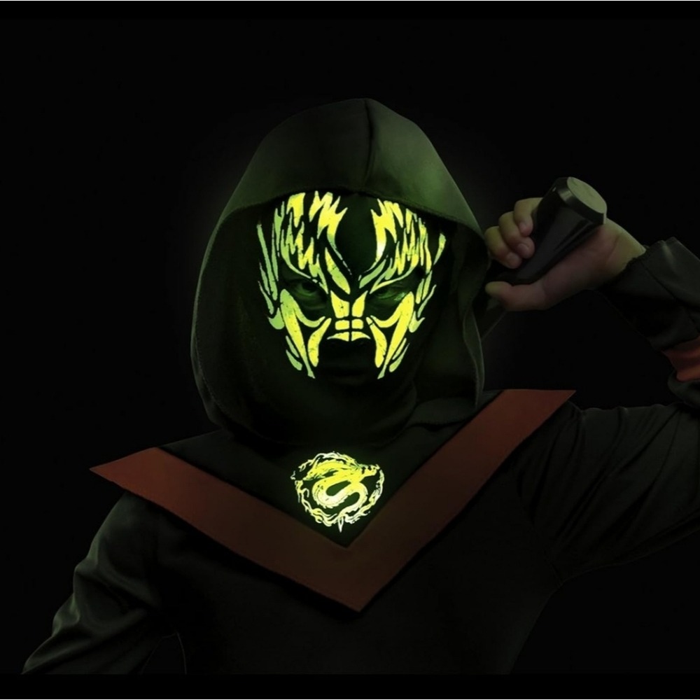 Spirit Halloween Ninja Costume Boys 7-8 Black Red Glow Mask Dragon Mask‎ Ninja